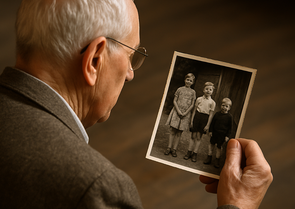 Älterer Mann schaut auf Foto